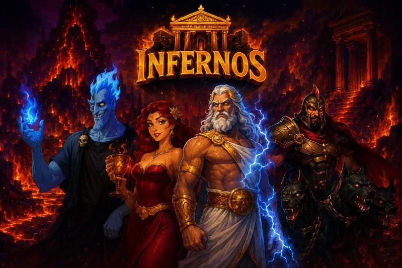Hadès, Perséphone, Zeus et Cerbère devant les portes d’Infernos